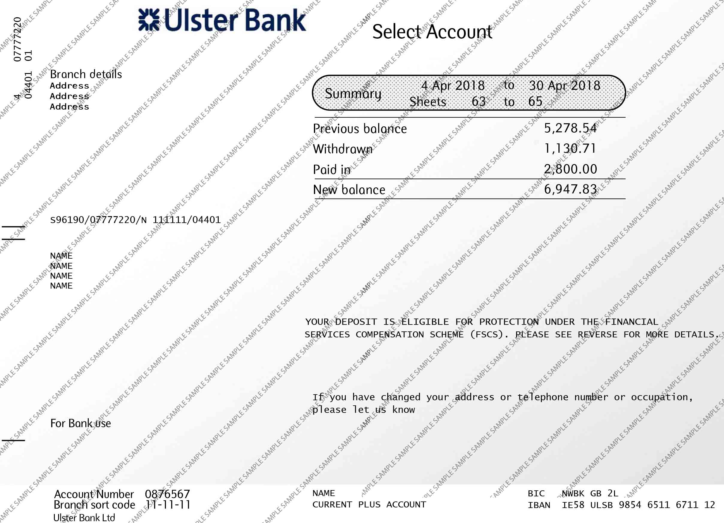 Ulster Bank Sample Document